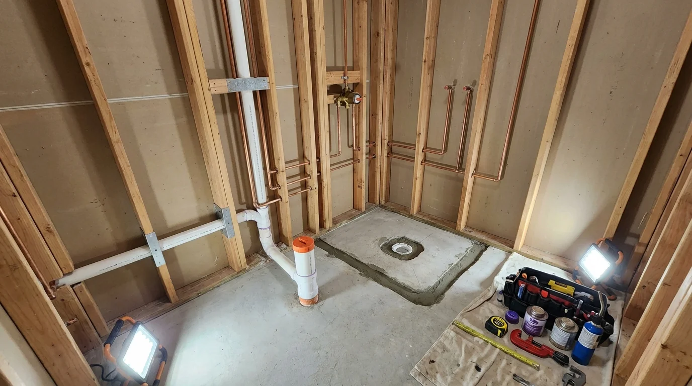 Bathroom rough-in plumbing during remodel by Johns Plumbing LLC in Kalama