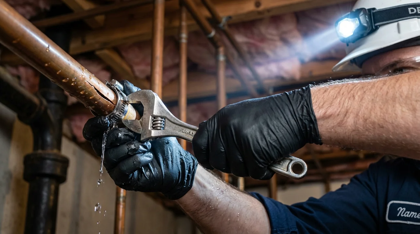 Emergency pipe clamp repair being performed by a Johns Plumbing LLC plumber in Kalama
