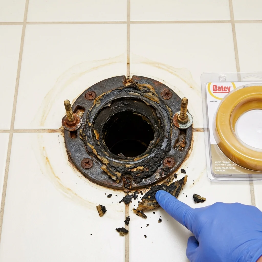 Failed wax ring showing water seepage at the base of a toilet in a Kalama, WA home