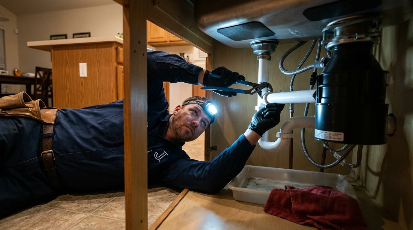 P-trap and supply line connections under a kitchen sink showing a common leak point in Kalama, WA